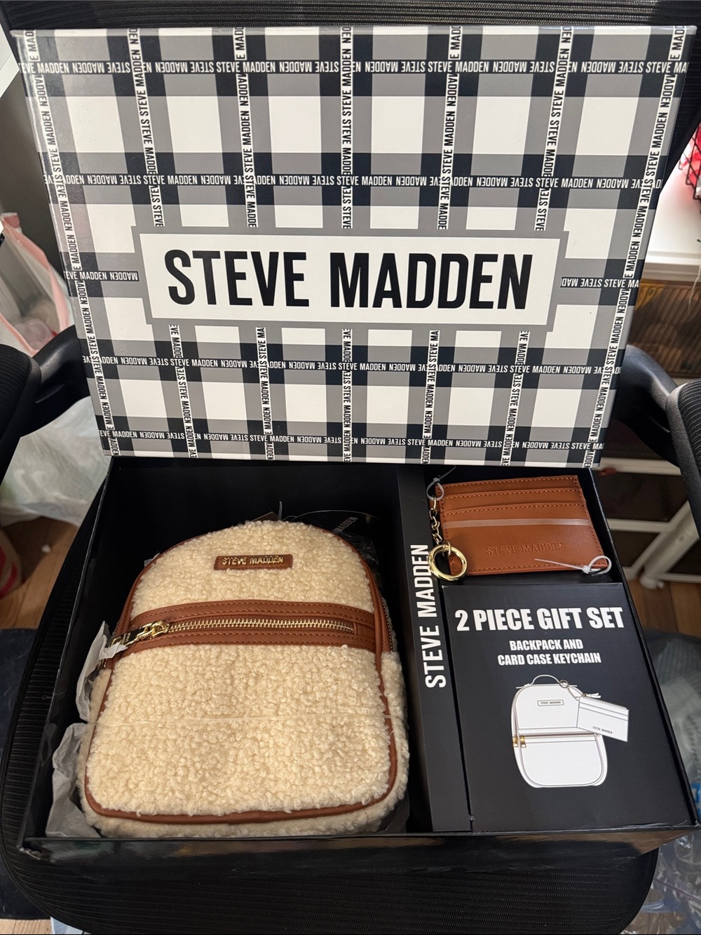 NWT Steve Madden GIFT SET Brown Sherpa Backpack with Keychain Card Holder